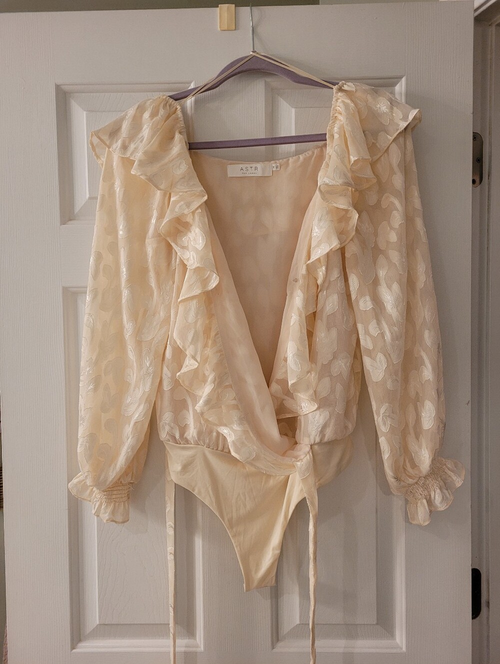 Astr Cream Ruffle Wrap Floral Jacquard Bodysuit